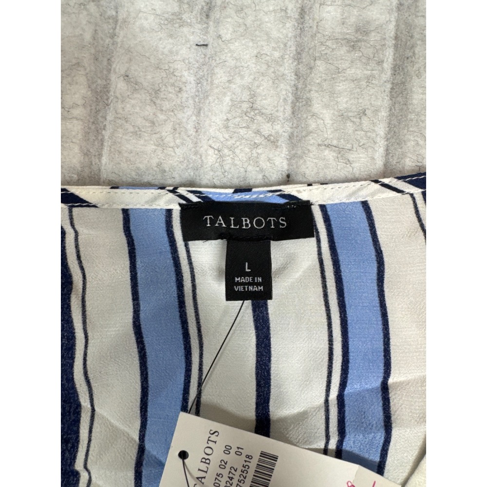 Talbots Blue White Striped Wrap Front Blouse Smocked Cuff Top Large NWT - Picture 3 of 6